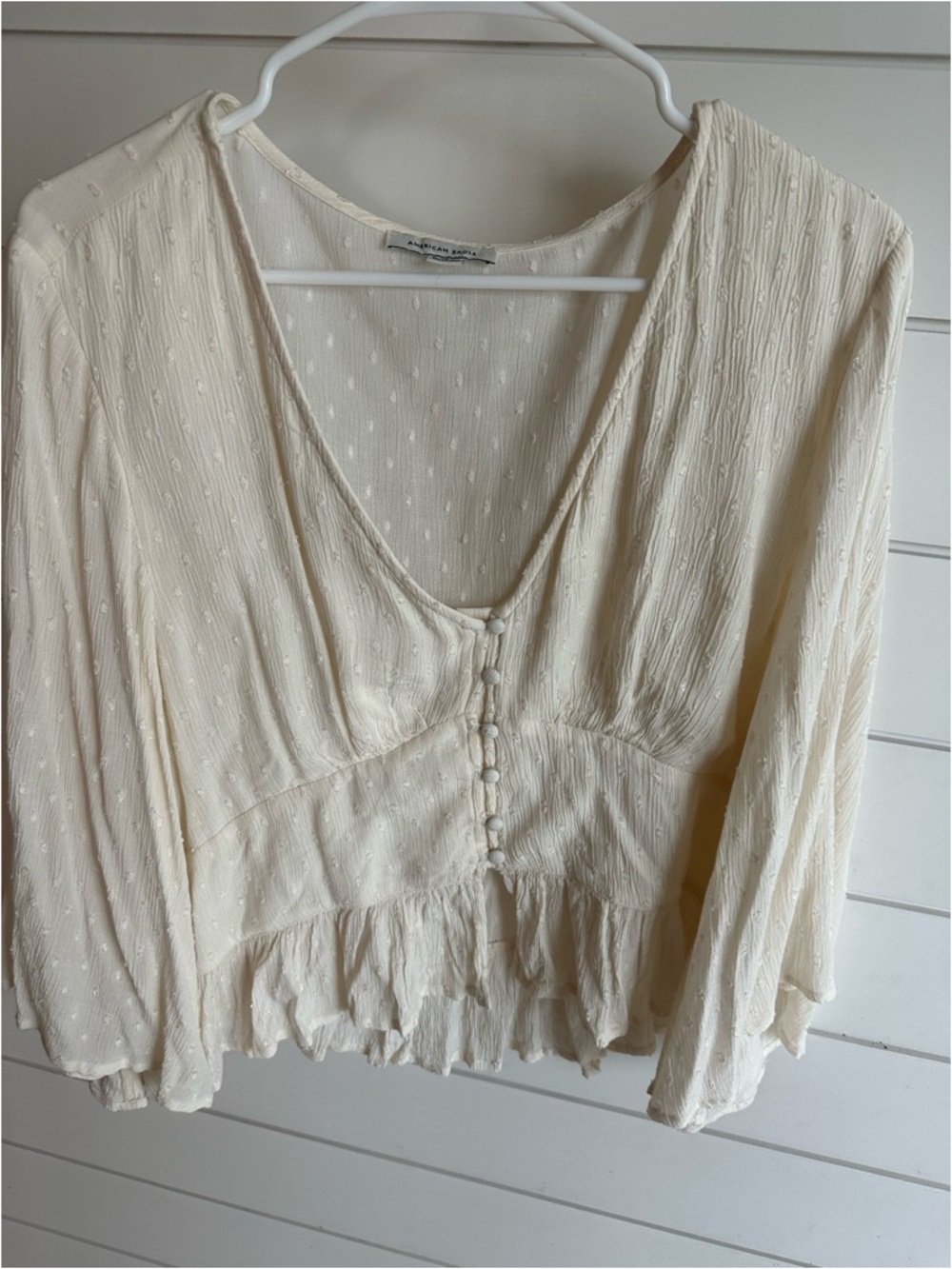 American Eagle Outfitters Cream Textured V-Neck Button-Front Blouse